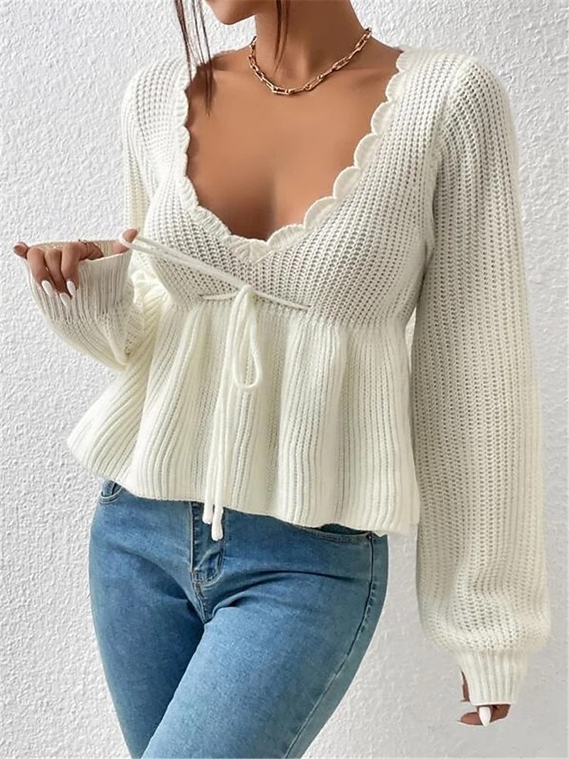 Femme Pull Chandail Pull Décontractées Flexible Couleur monochrome A côtes Col V A Volants Tricoté manche longue Hauts réguliers Tricoter Extérieur du quotidien Fin de semaine Noir Blanche Automne de 2025 ? $44.99 –P4