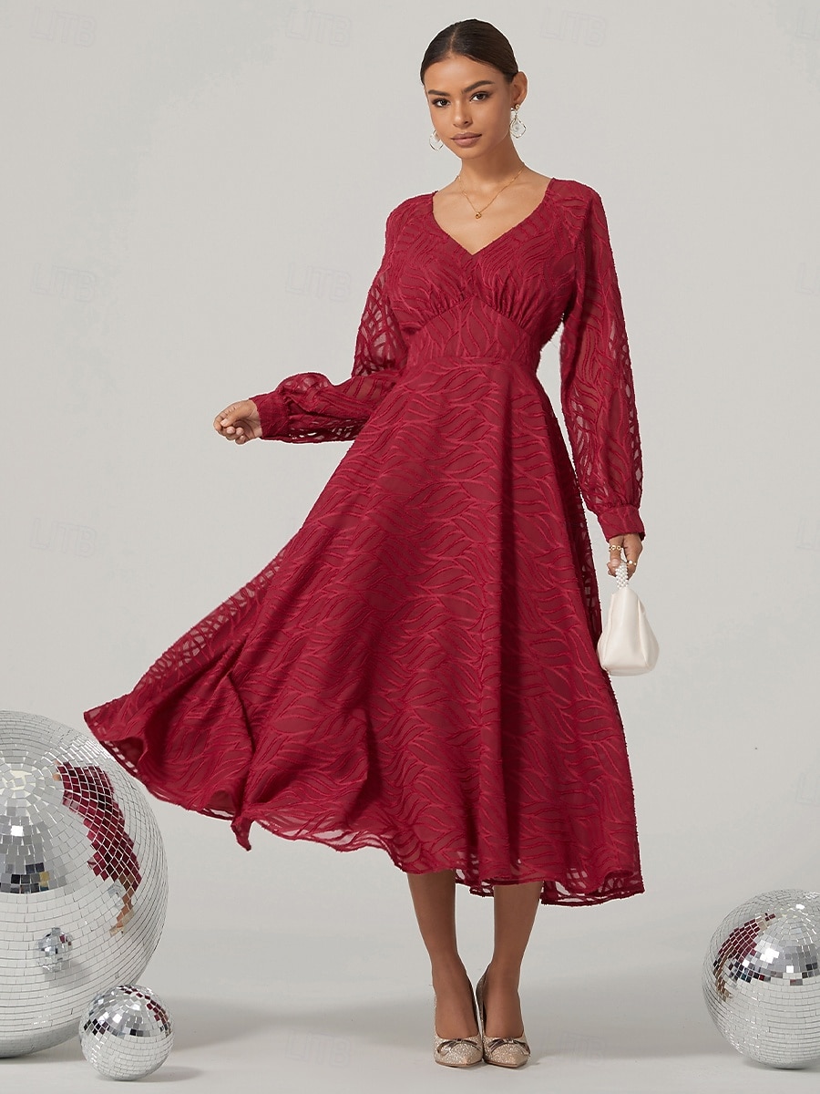 Damen Spitzenkleid Midikleid Hohe Taillenlinie Elegant Vintage V Ausschnitt Langarm Wein Farbe 2025 - GBP £46.33 –P4