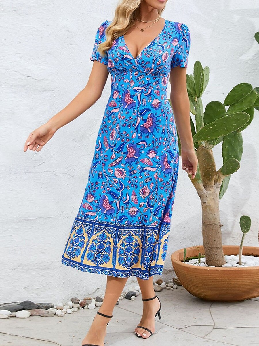 Dame Midikjole Uformell kjole Swingkjole Kjole med A-linje Boho-kjole Bohem Fritid Daglig Normal Blomstret Kortermet V-hals Rød Blå Fuksia Sommer Vår 2025 - $46.99 –P3