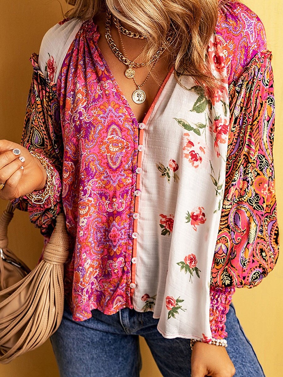 Women's Shirt Blouse Floral Casual Long Sleeve V Neck Regular Tops Daily Buttons Print Rainbow Fall Winter 2025 - $39.99 –P3
