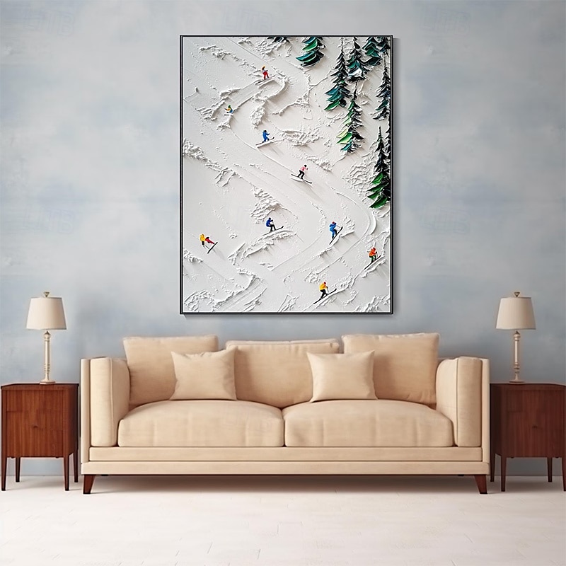 handgemaltes 3D weißes Schneefeld Skifahren Leinwand Handgemälde Original Skifahrer Geschenk personalisiertes Winter Dekor strukturiertes Messergemälde Skikunst weißer Kiefernrahmen fertig zum 2025 - $141.99 –P1