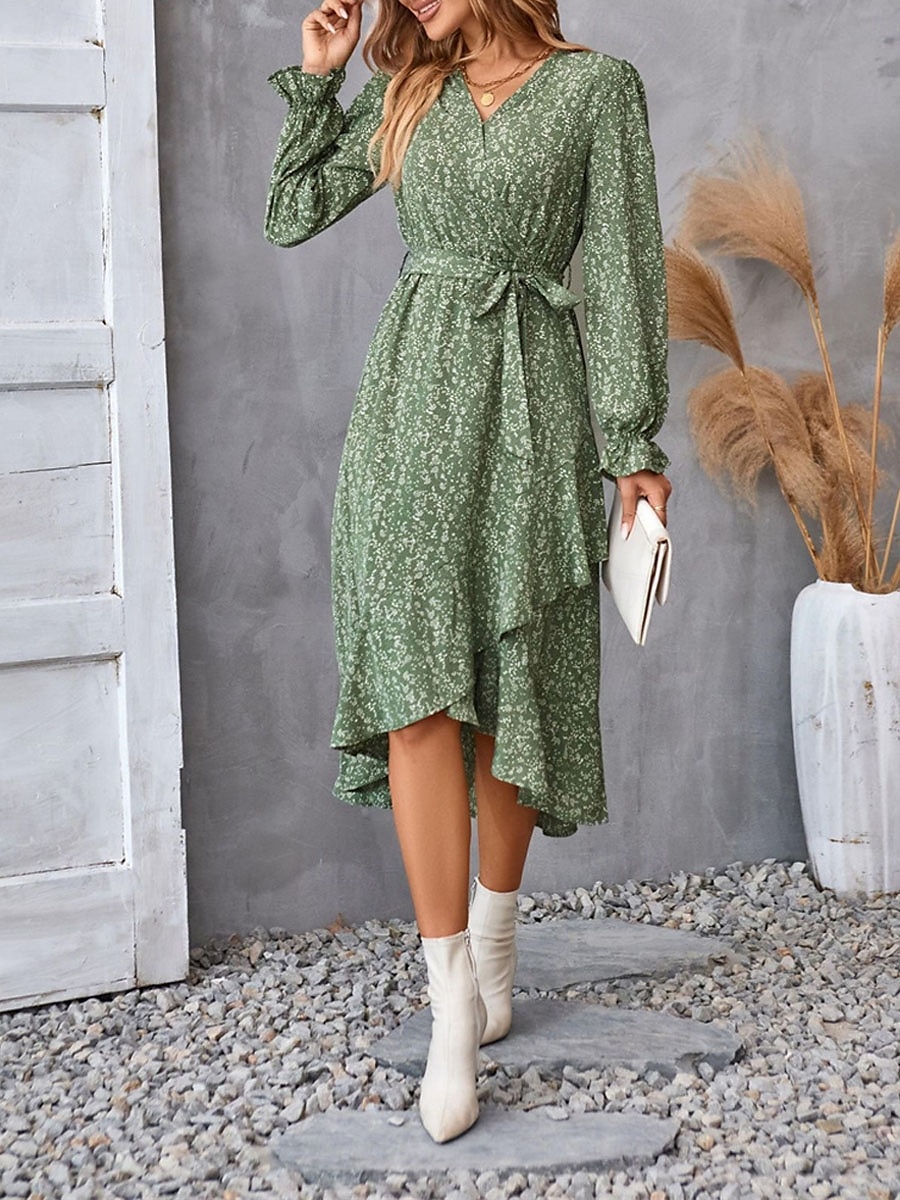 Femme Robe mi-longue Robe casual Robe Évasée Robe Portefeuille Robe Trapèze Décontractées du quotidien Standard Floral manche longue Col V Noir Violet Vert Eté Printemps Automne de 2025 ? $41.99 –P12