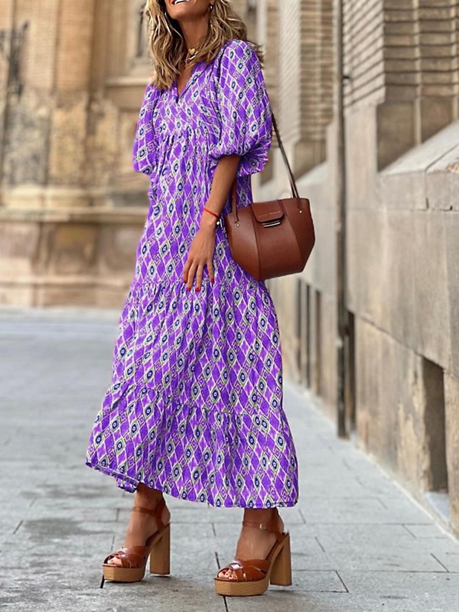 rochie maxi dama cu decolteu in V geometric cu maneca 3/4 vara primavara 2025 - $41.99 –P5