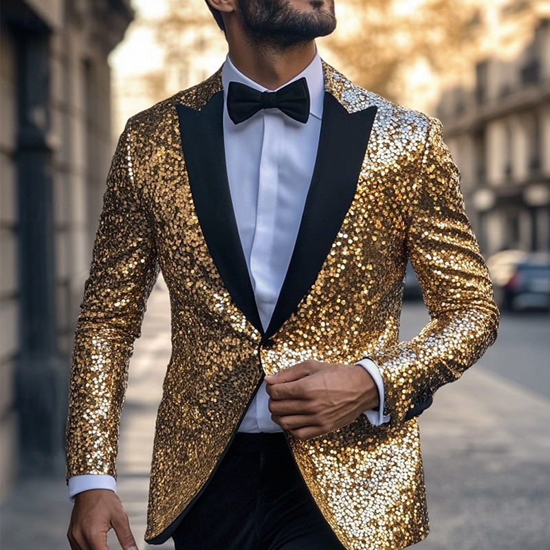 Men's Tuxedo Blazer Jacket Sequins Wedding Party Casual All Seasons Polyester Sequin Solid Colored Basic Single Breasted One-button Blazer Gold 2025 - $59.99 –P1