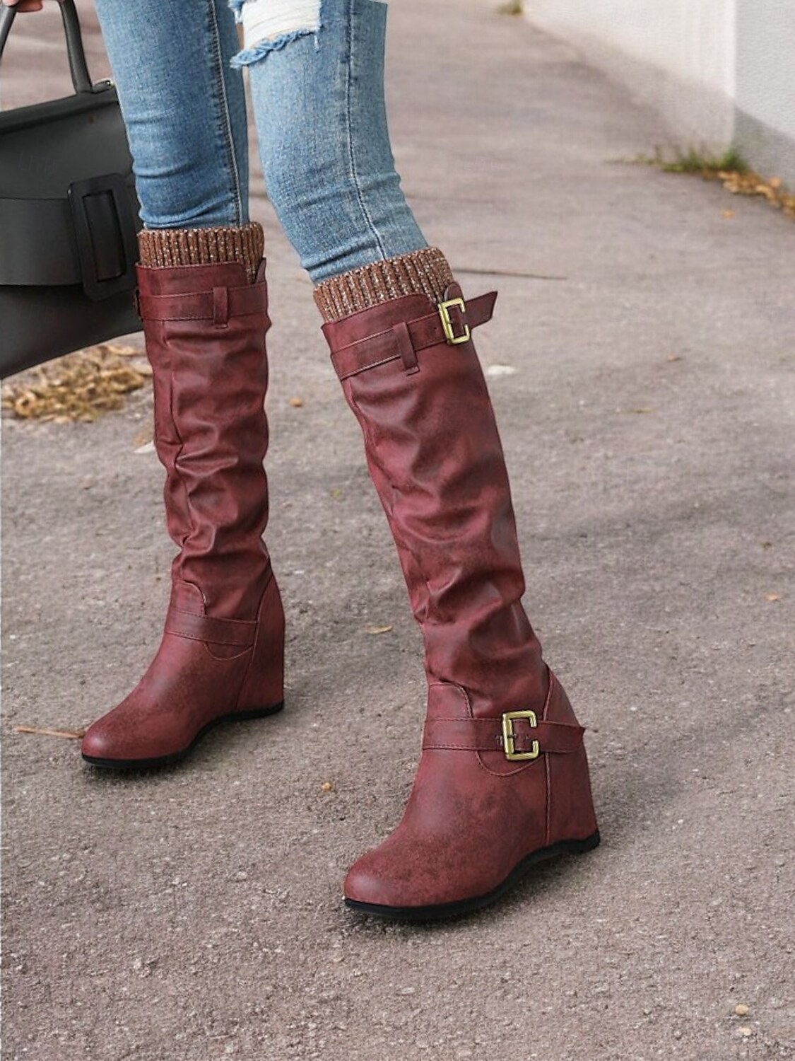 Women's Distressed Tan Slouchy Knee-High Boots with Buckle Straps and Wedge Heel – Cozy Winter Boots with Knit Cuff for Casual Outfits 2025 - $54.99 –P5