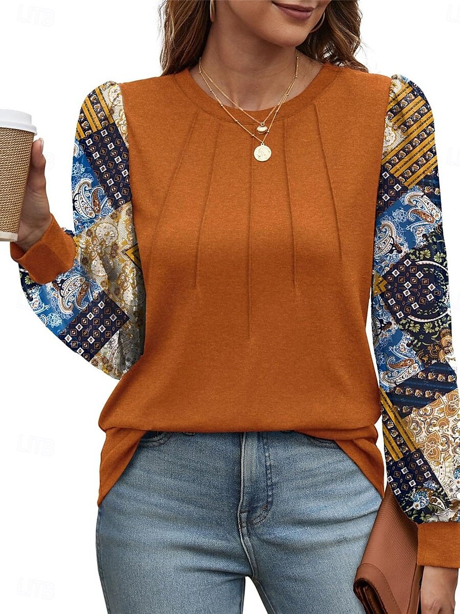 Per donna Camicia Blusa Floreale Informale Manica lunga Girocollo Top regolari Giornaliero Collage Stampa Nero Marrone Autunno Inverno del 2025 a $29.99 –P4