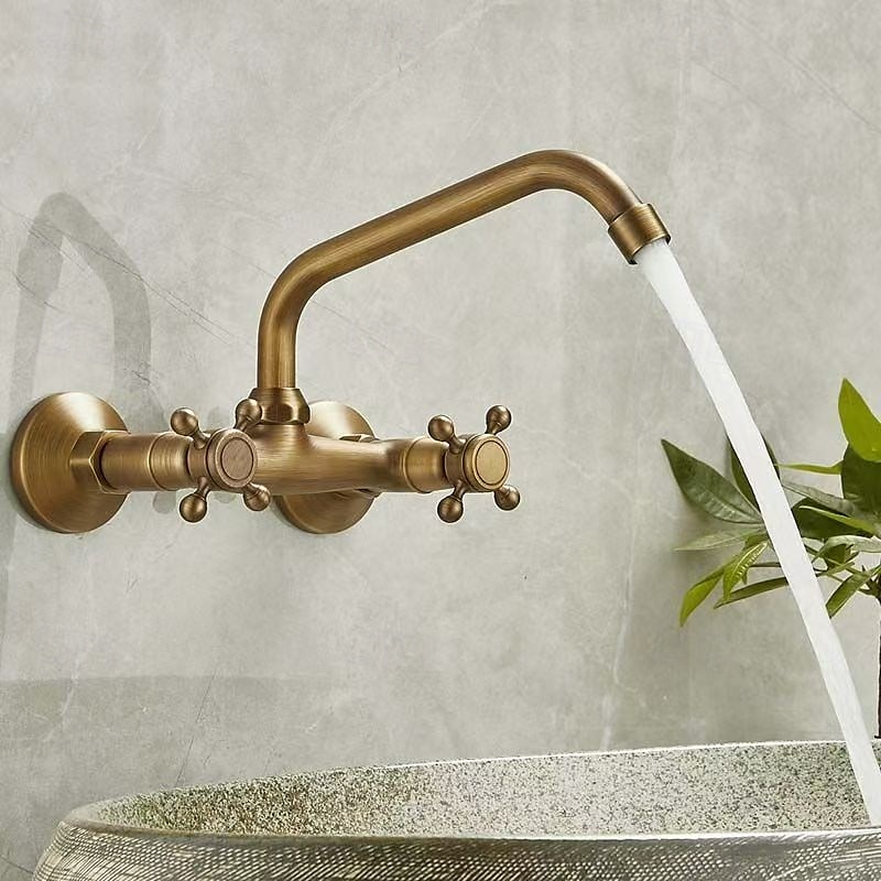 wastafelmengkraan wandmontage inbouw wastafelkraan geborsteld retro messing antiek kraan goud wijdverspreid wandmontage 2025 - $97.99 –P3