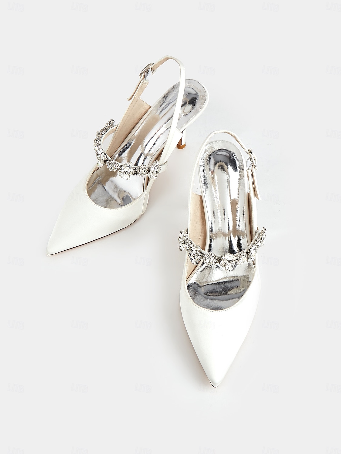 scarpe col tacco da donna in raso bianco con cinturino posteriore e decorazioni in strass – eleganti scarpe a punta per matrimoni e occasioni formali del 2025 a $64.99 –P18