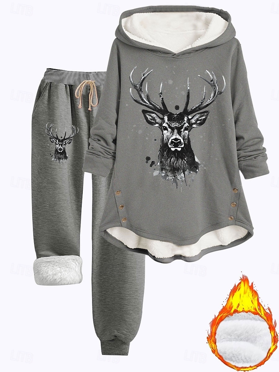 Completo da donna in 2 pezzi felpa con pantaloni in pile maniche lunghe cappuccio con stampa di renna casual rosa scuro blu grigio autunno vestibilità regolare del 2025 a $49.99 –P1