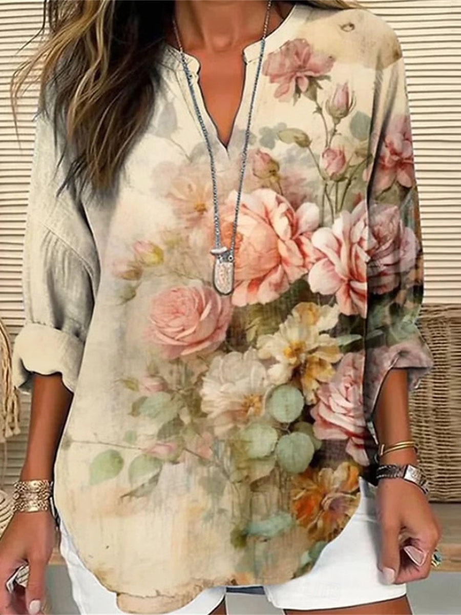 Damen Hemd Bluse Blumen Brautkleider schlicht Langarm Gekerbter Hals Normale Oberteile Täglich Bedruckt Weiß Blau Khaki Herbst Winter 2025 - $27.99 –P3