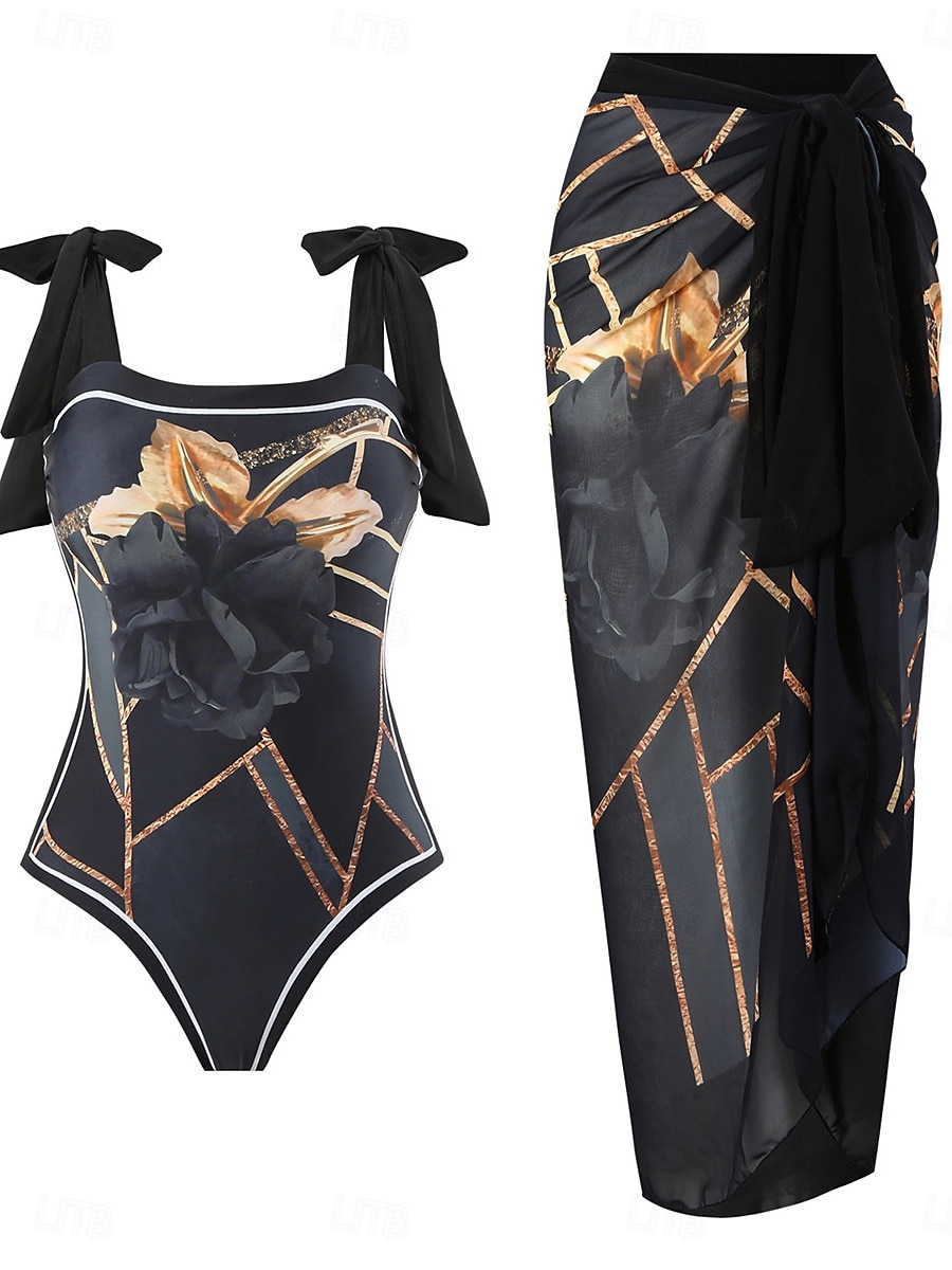 Dam Badkläder En bit Monokini Kjol Baddräkt Öppen rygg Magkontroll Hög midja Smal Semester Standkläder Blommig Halterneck Ärmlös Baddräkter 2025 - $52.99 –P1