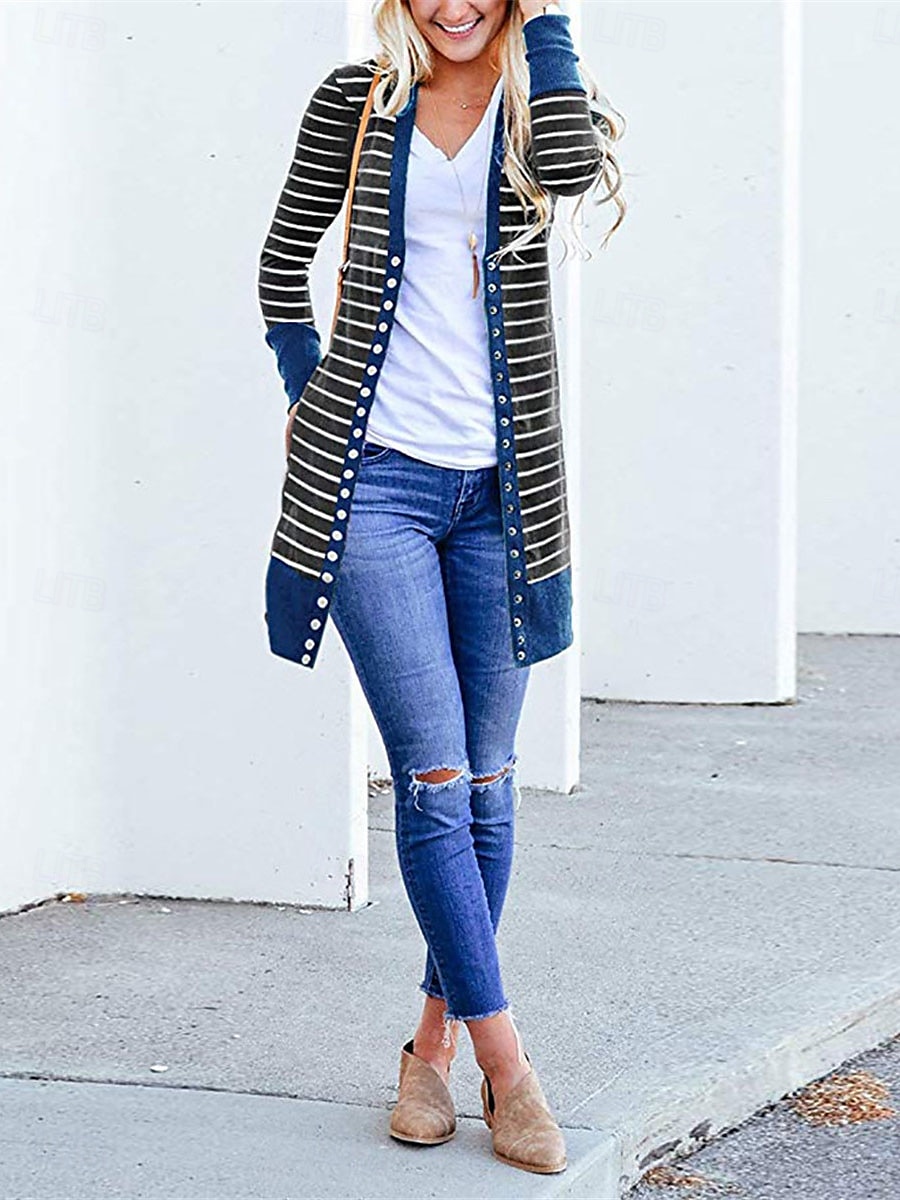 Women's Casual Jacket Outdoor Street Daily Wear Fall Winter Long Coat Regular Fit Thermal Warm Breathable Stylish Casual Jacket Long Sleeve Striped Print Dark Grey Army Green Blue 2025 - $39.99 –P5