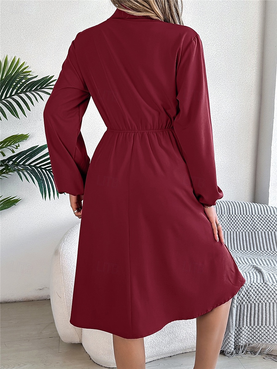 Damen Casual kleid Midikleid Knopf Brautkleider schlicht Hemdkragen Langarm Wein Blau Khaki Farbe 2025 - $31.99 –P11
