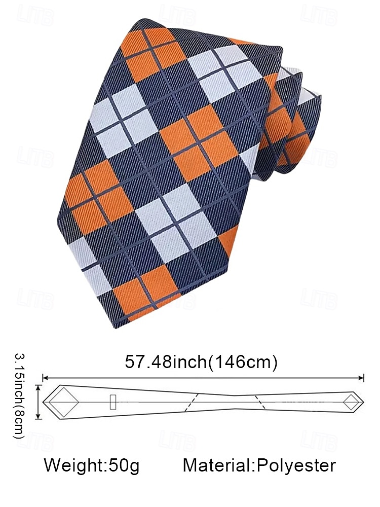 Men's Orange and Navy Plaid Necktie Set with Pocket Square and Cufflinks – Stylish Formal Accessory for Weddings and Business Attire 2025 - $14.99 –P4