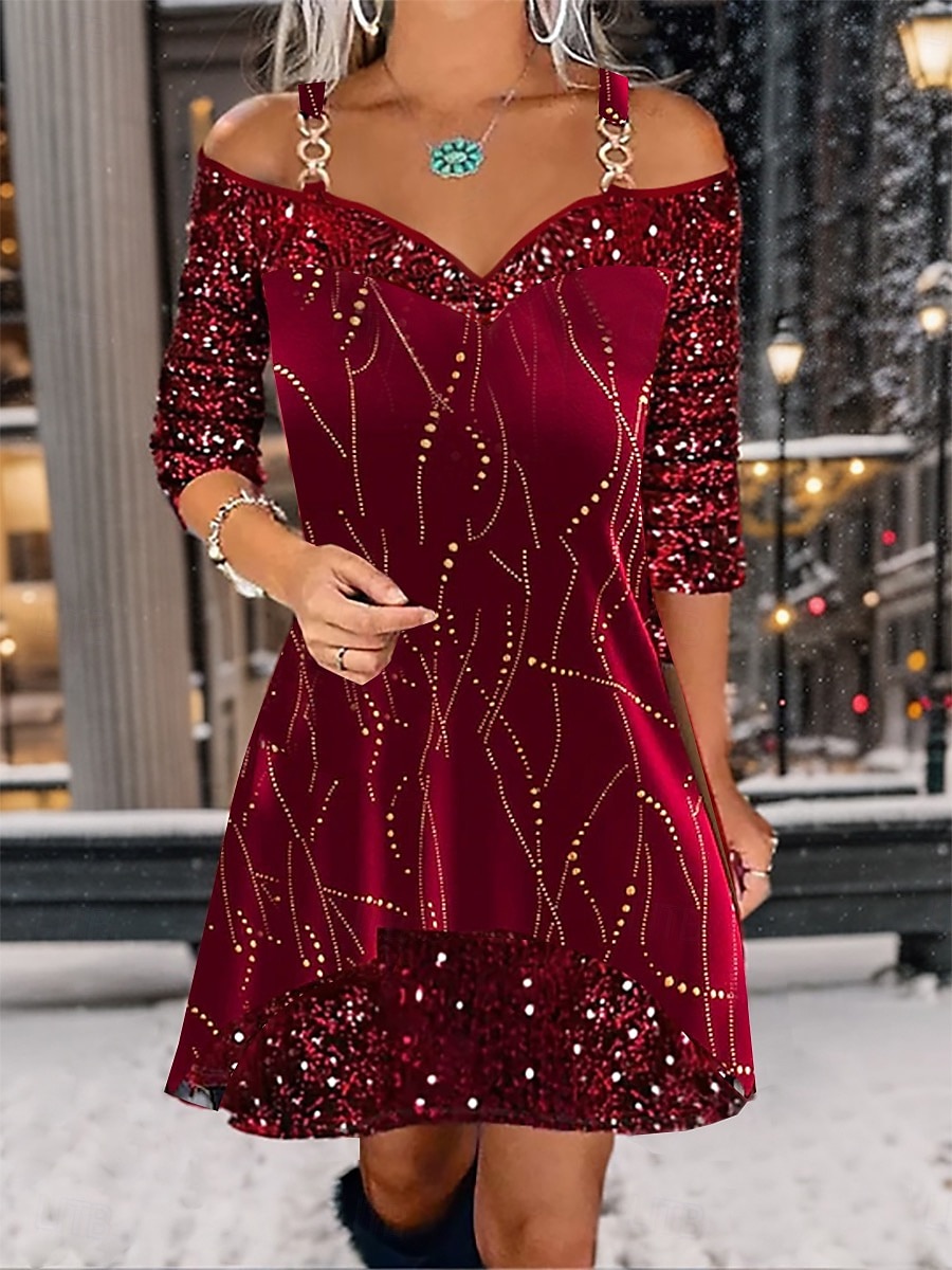 kvinners off-shoulder paljett cocktailkjole burgunder trekvart erme kjæreste halsutringning utsvingt skjørt kveldsfest a-linje kjole vinter høst festlig glamour 2025 - $51.99 –P1