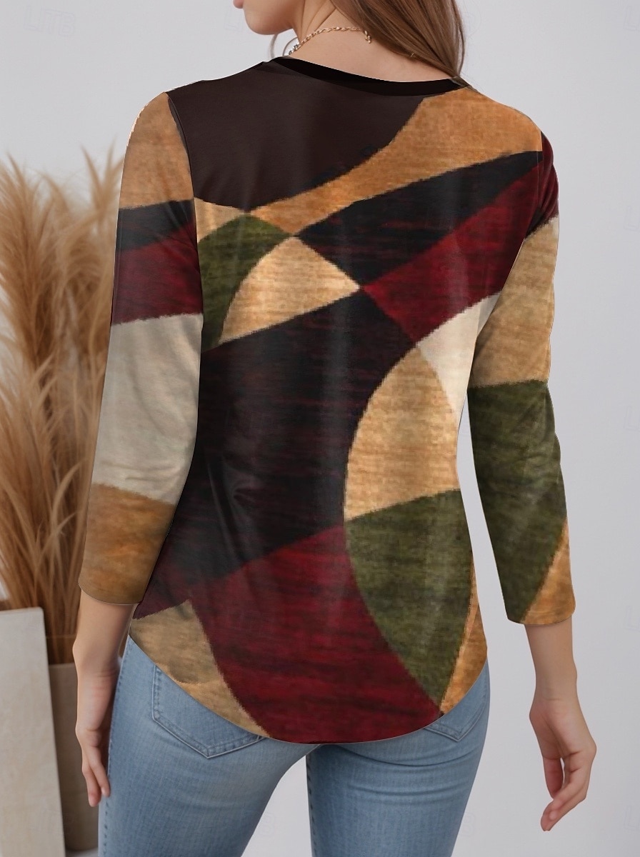 Women's T shirt Long Sleeve Crew Neck Long Sleeve Tunic Modern Casual Geometric Print Regular Tops Daily Wine Light Brown Blue Orange Brown Fall Winter Prefall 2025 - $22.99 –P2