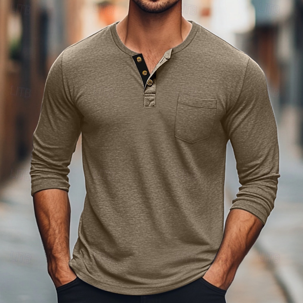 Herr T-shirt Henleytröja Långärmad tröja Slät Henley Gata Dagligen Långärmad Ficka Kläder Mode Designer Ledigt Bekväm 2025 - $18.99 –P7