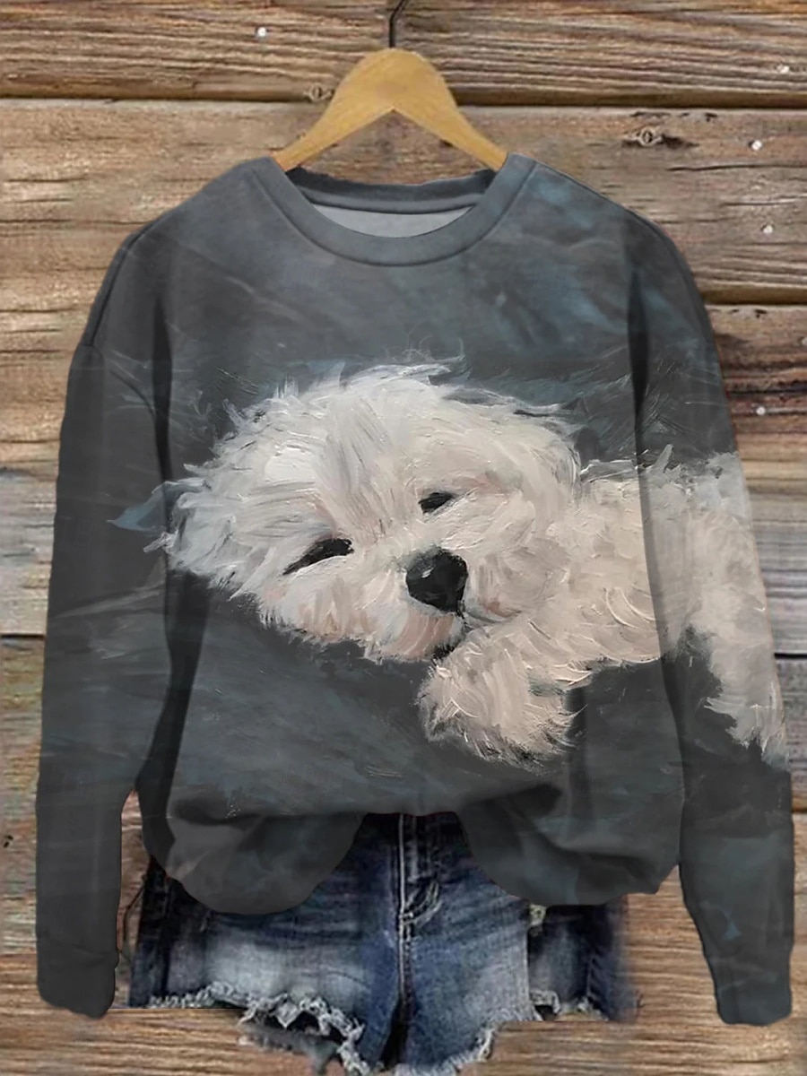 Women's Sweatshirt Casual Dog Street Dailywear Crew Neck Print Long Sleeve Gray Fall Winter 2026 - $28.99 –P1