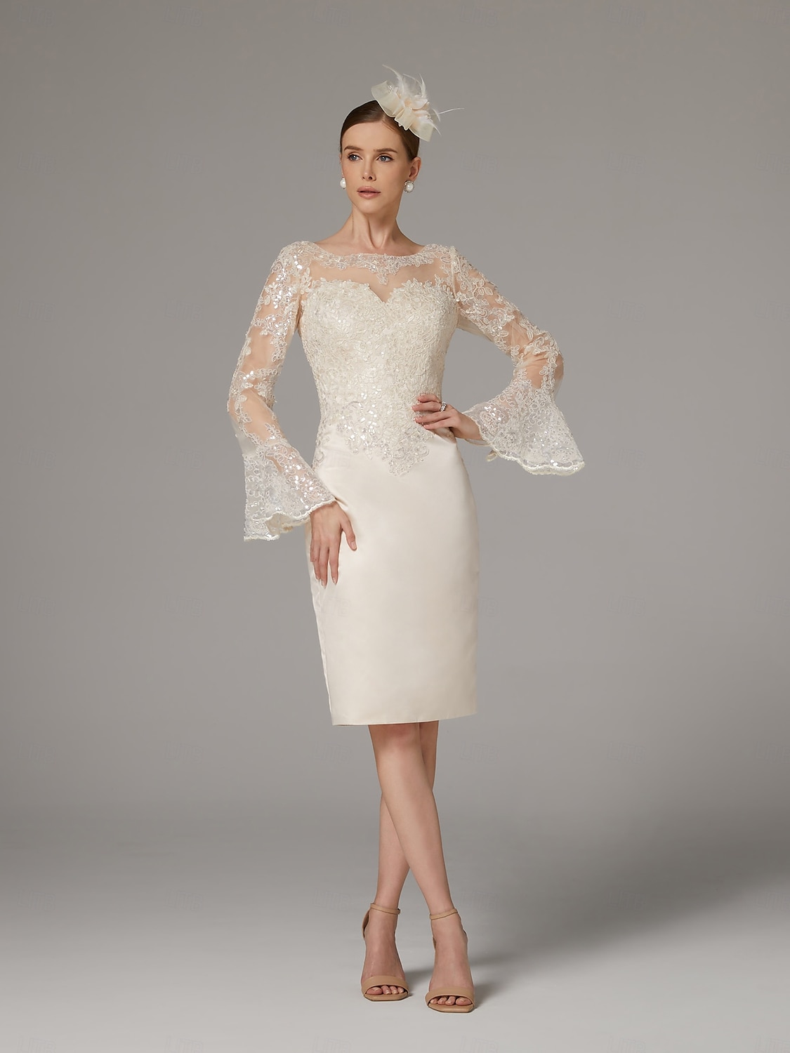 Sheath Kleid Mutter der Braut Kleid Elegantes Vintage Luxuriös Juwelen-Hals Knie-Länge Satin Spitze Langarm Tee-Länge mit Applikationen 2025 - $154.99 –P7