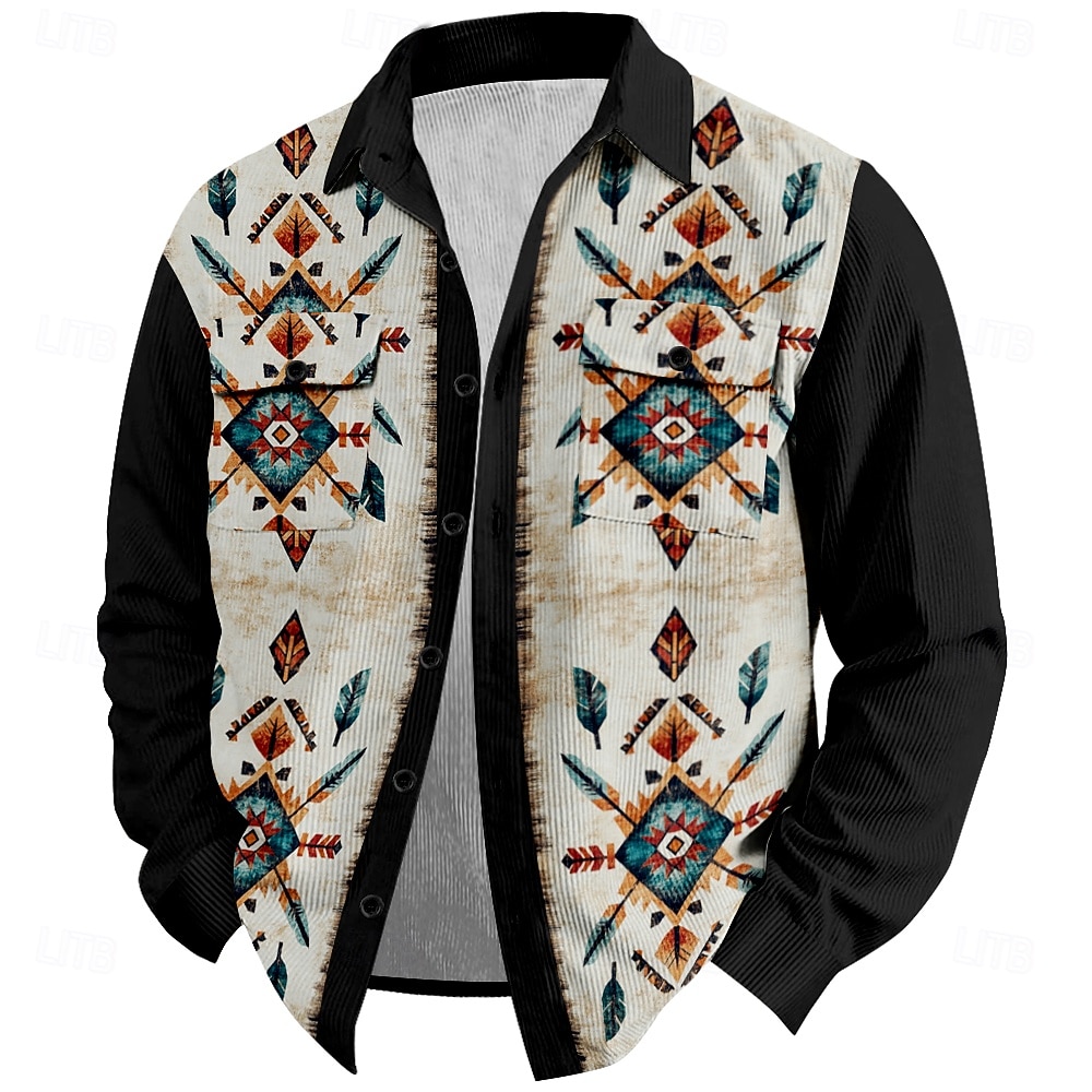 Pánské Kovbojské Kordurová košile Košile bunda Overshirt Dlouhý rukáv Vinobraní vesternový styl Venkovní Na den Ležérní Podzim zima Přehnutý Košile s límečkem 3D tisk Knoflíky 2 kapsy 1ks Černá Vodn 2026 - $40.99 –P5