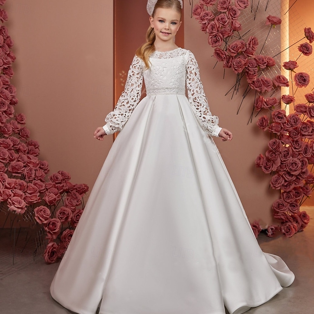 kinderkleidung Mädchen Blumenmädchen Kleid Kleid für die Erstkommunion Feste Farbe Ärmellos Langarm Leistung Hochzeit Party Gitter Prinzessin Süß Gitter Mitte der Wade Etuikleid Tüll-Kleid Sommer 2025 - $104.99 –P5
