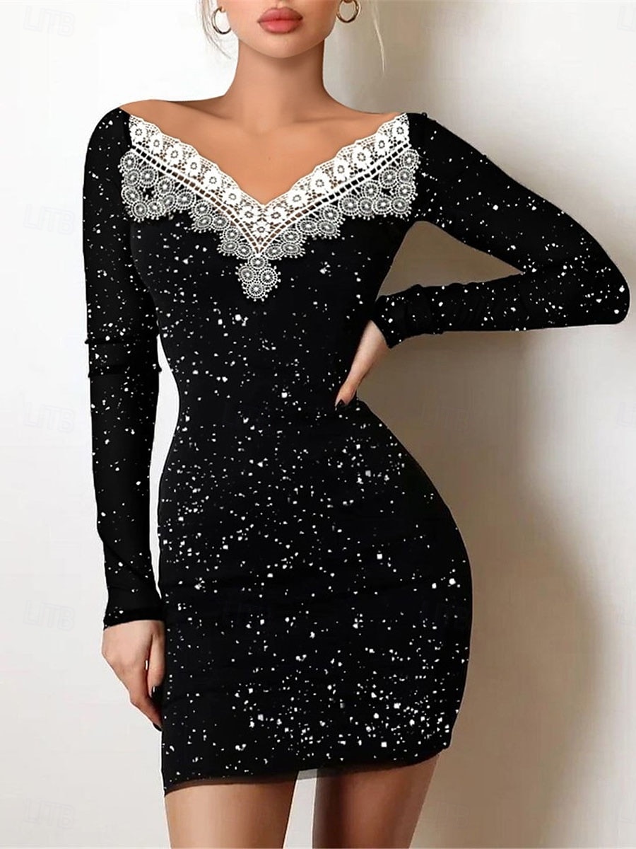 Pentru femei Rochie neagra Rochie Mini Dantelă Peteci Casual De Pe Umăr Manșon Lung Negru Caisă Culoare 2025 - $25.99 –P3