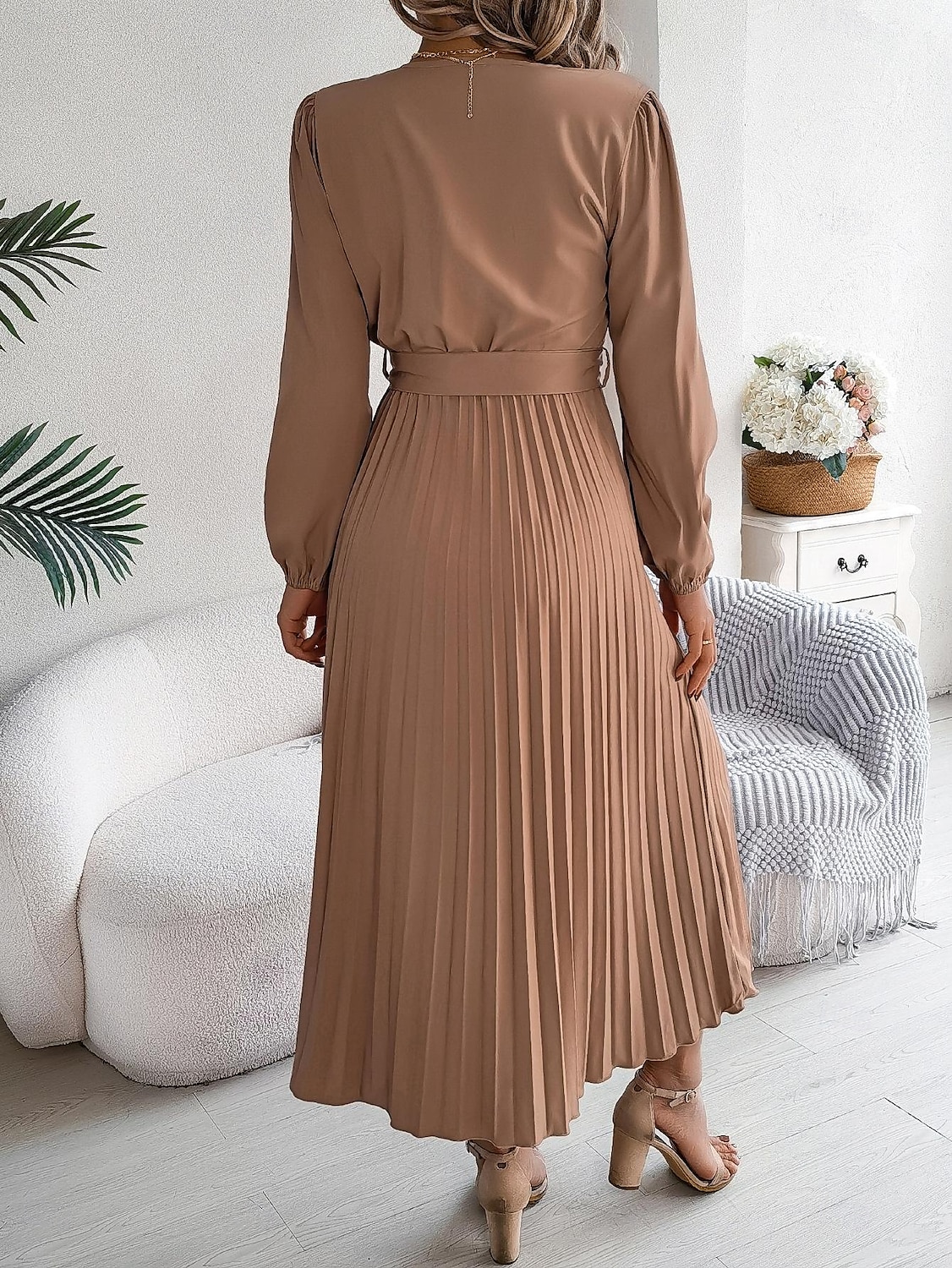 Women's Vintage Dress Mini Dress Pleated High Waist Elegant Formal V Neck Long Sleeve Blue Green Khaki Color 2025 - $41.99 –P2