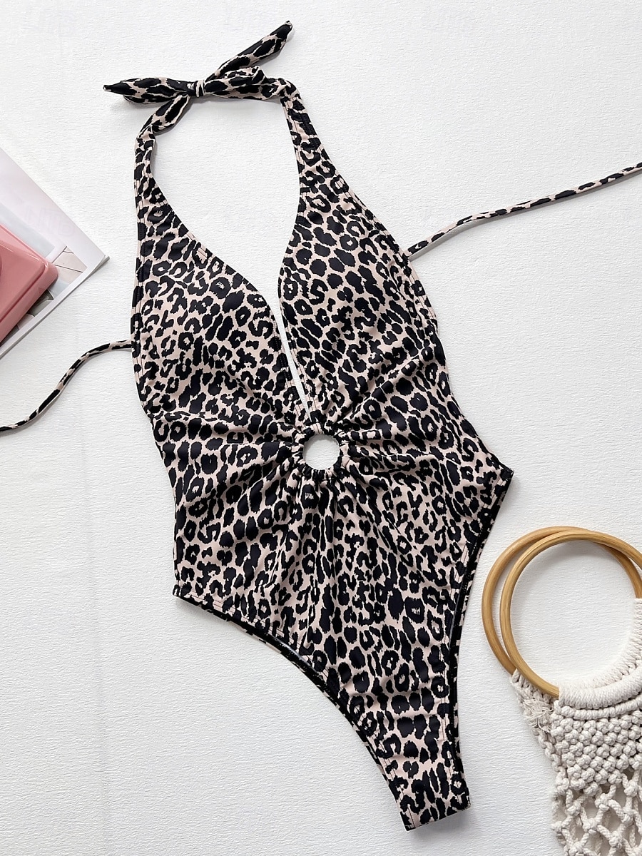 Dam Badkläder En bit Monokini Baddräkt Öppen rygg Magkontroll Hög midja Smal Semester Standkläder Leopard Halterneck Ärmlös Baddräkter 2025 - $26.99 –P5