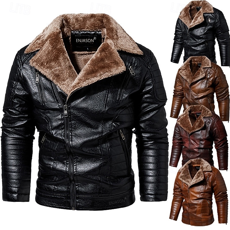 Herr Imitationsläderjacka Fleece-jacka Bikerjacka Motorcykeljacka Dagligen Semester Vindtät Håller värmen Ficka Höst vinter Slät Mode Klassisk Kavajslag Normal Svart Rubinrött Brun Kaffe Jacka 2025 - $86.99 –P1