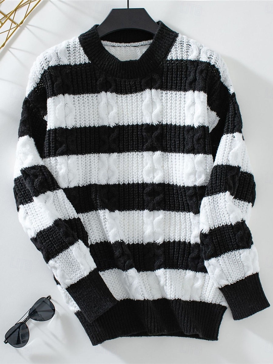 Per donna Felpa Informale Morbido A strisce A coste Girocollo Lavorato a maglia Manica lunga Top regolari Maglia Esterno Giornaliero Fine settimana Nero Caffè Autunno Inverno del 2025 a $44.99 –P11