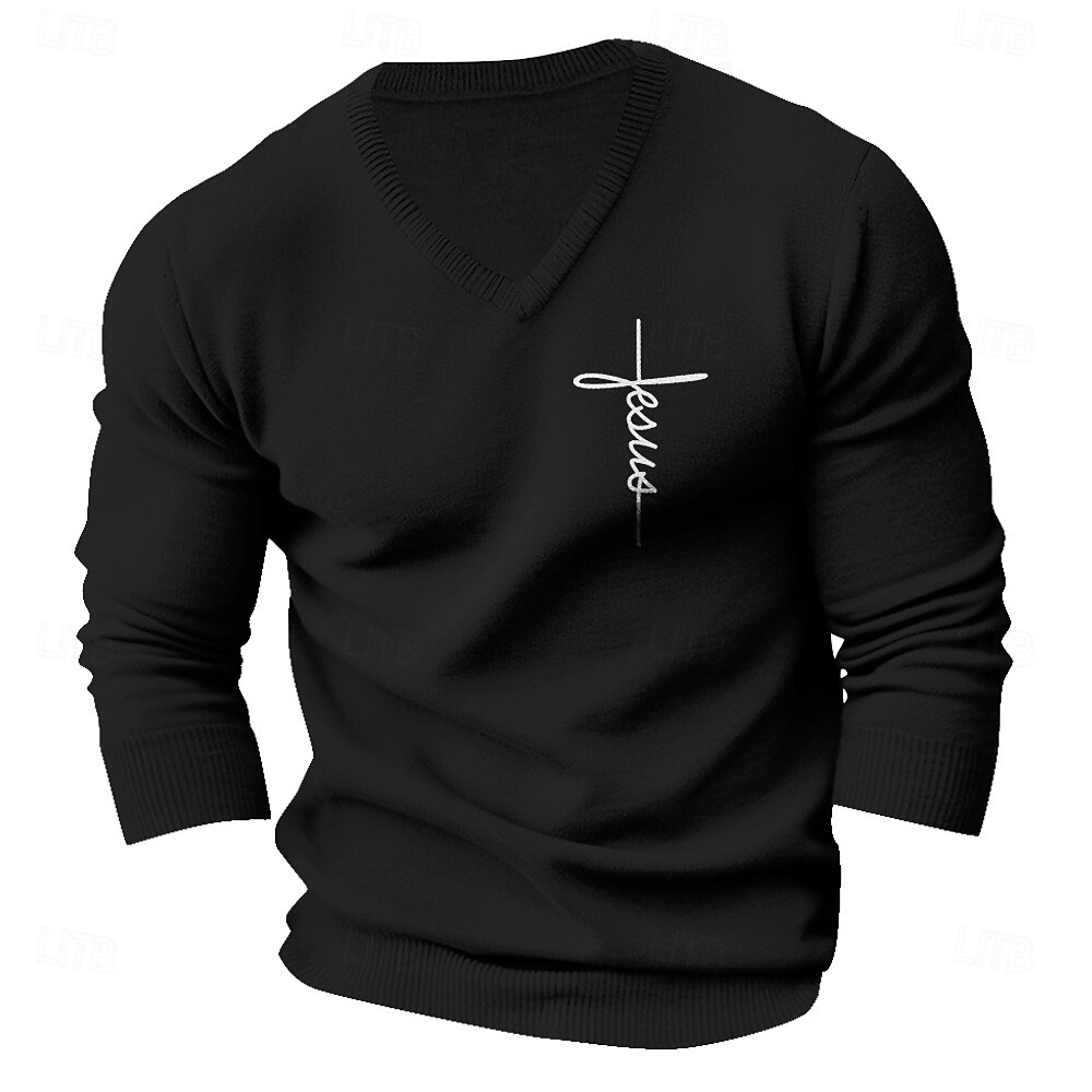 Men's Faith Pullover Sweater Jumper V Neck Casual Party Evening Wear Daily Embroidered Knitting Warm Long Sleeve Fall Winter Wine Black Dark Navy 2025 - $37.99 –P4