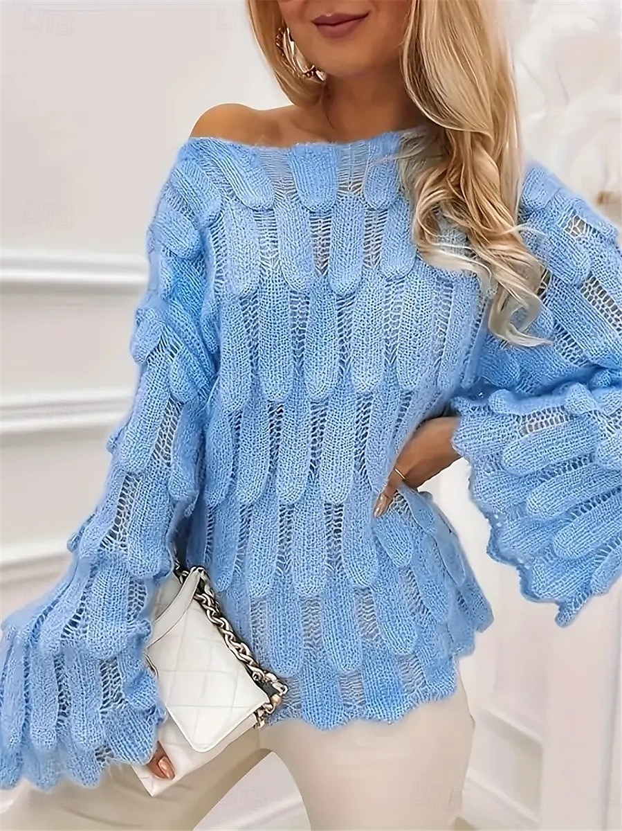 Women's Sweater Casual Soft Pure Color Ribbed Crew Neck Knitted Long Sleeve Regular Tops Knit Outdoor Daily Weekend Blue Fall Winter 2025 - $41.99 –P4