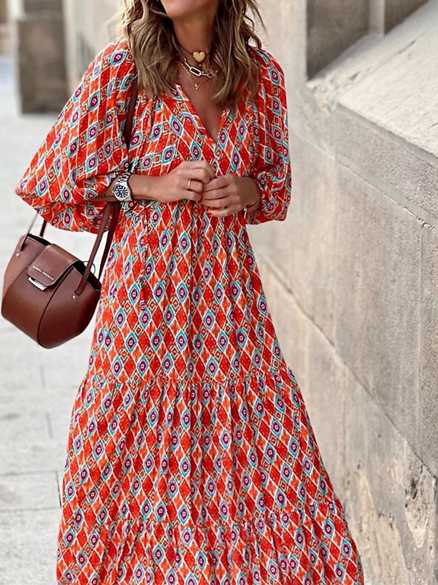 rochie maxi dama cu decolteu in V geometric cu maneca 3/4 vara primavara 2025 - $41.99 –P4