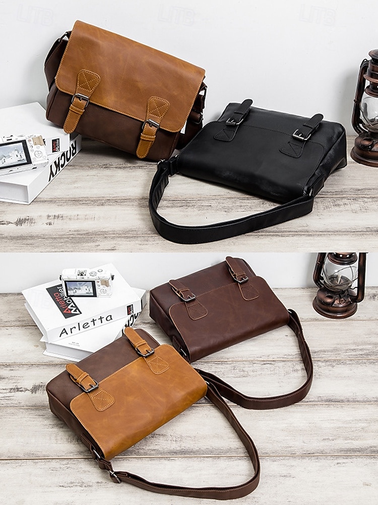 Bolso de mensajero vintage de piel sintética para hombre con correa ajustable: diseño duradero de dos tonos para uso laboral y casual 2025 - $29.99 –P5