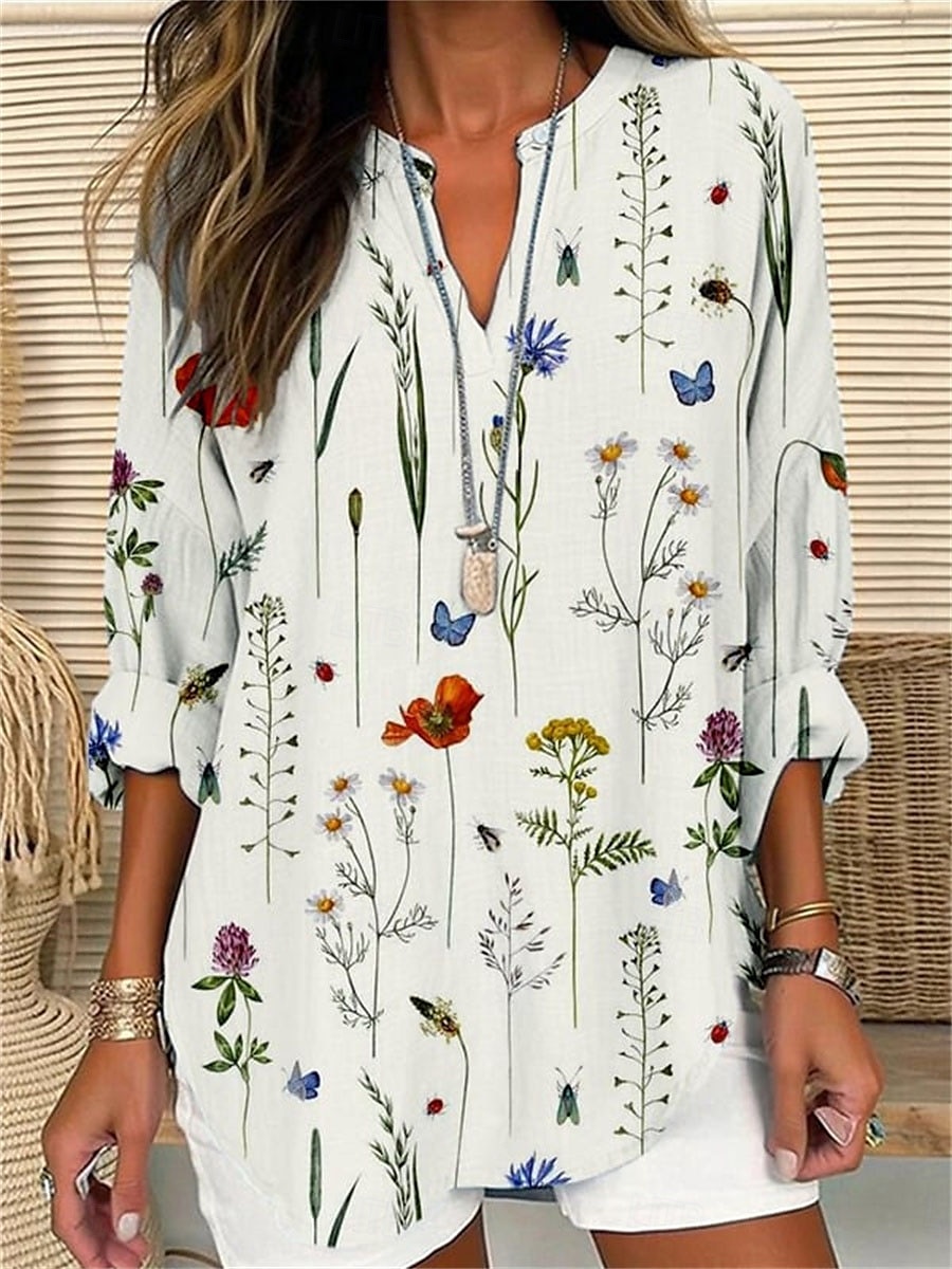 Damen Hemd Bluse Blumen Brautkleider schlicht Langarm Gekerbter Hals Normale Oberteile Täglich Bedruckt Weiß Blau Khaki Herbst Winter 2025 - $27.99 –P1