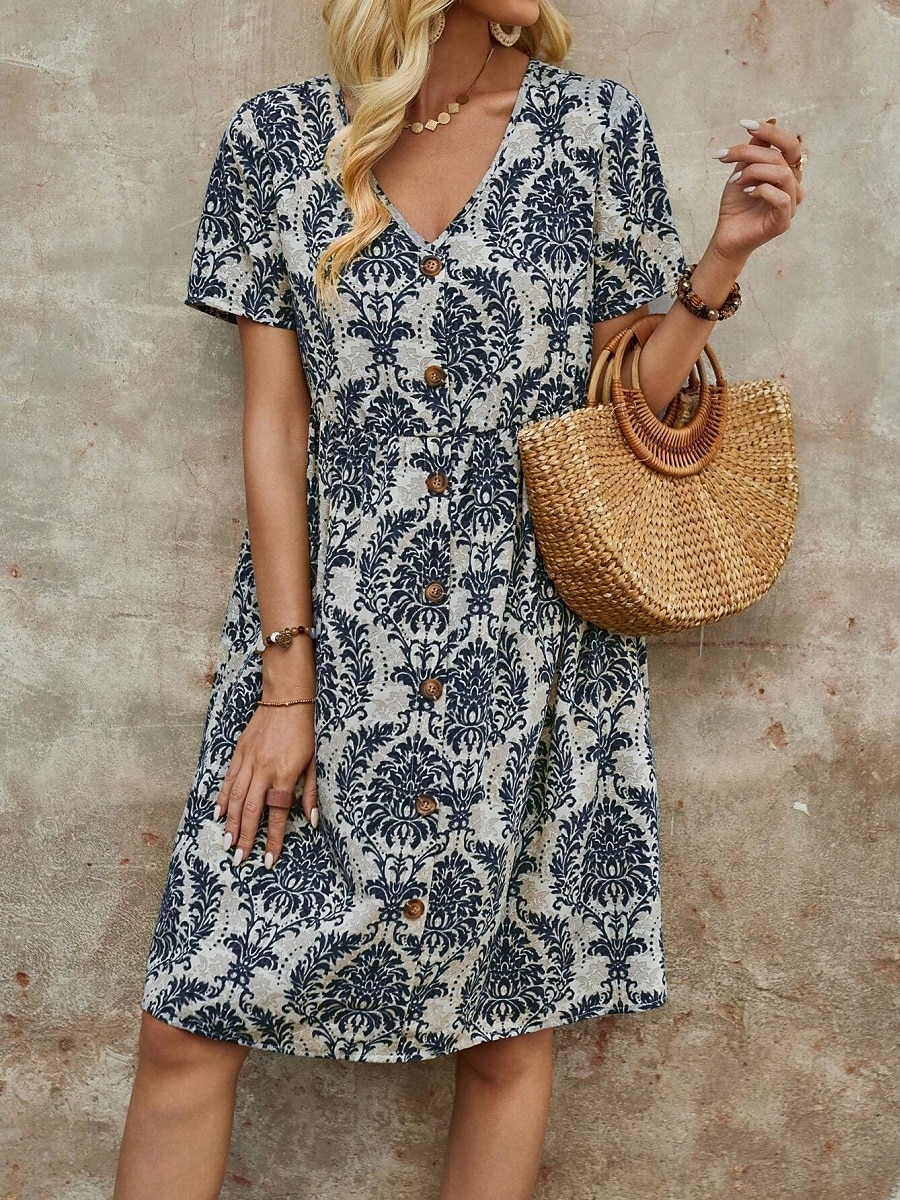 Femme Mini robe Robe casual robe boheme Rétro Vintage Décontractées du quotidien Standard Floral Manche Courte Col V Bleu Marron Vert Eté Printemps Automne de 2025 ? $35.99 –P2