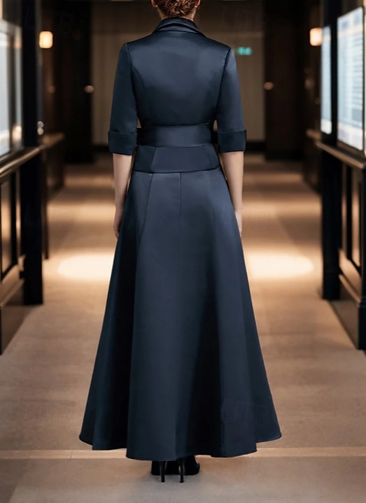 Vestido em Dois Peças A-Line Mãe da Noiva Vestido Tuxedo Elegante Simples Decote em V Comprimento de Tornozelo Cetim Manga 3/4 com Faixa  fita Pregas Cor Sólida Vestido Derby Vestido para o Dia da de 2025 por $176.99 –P2