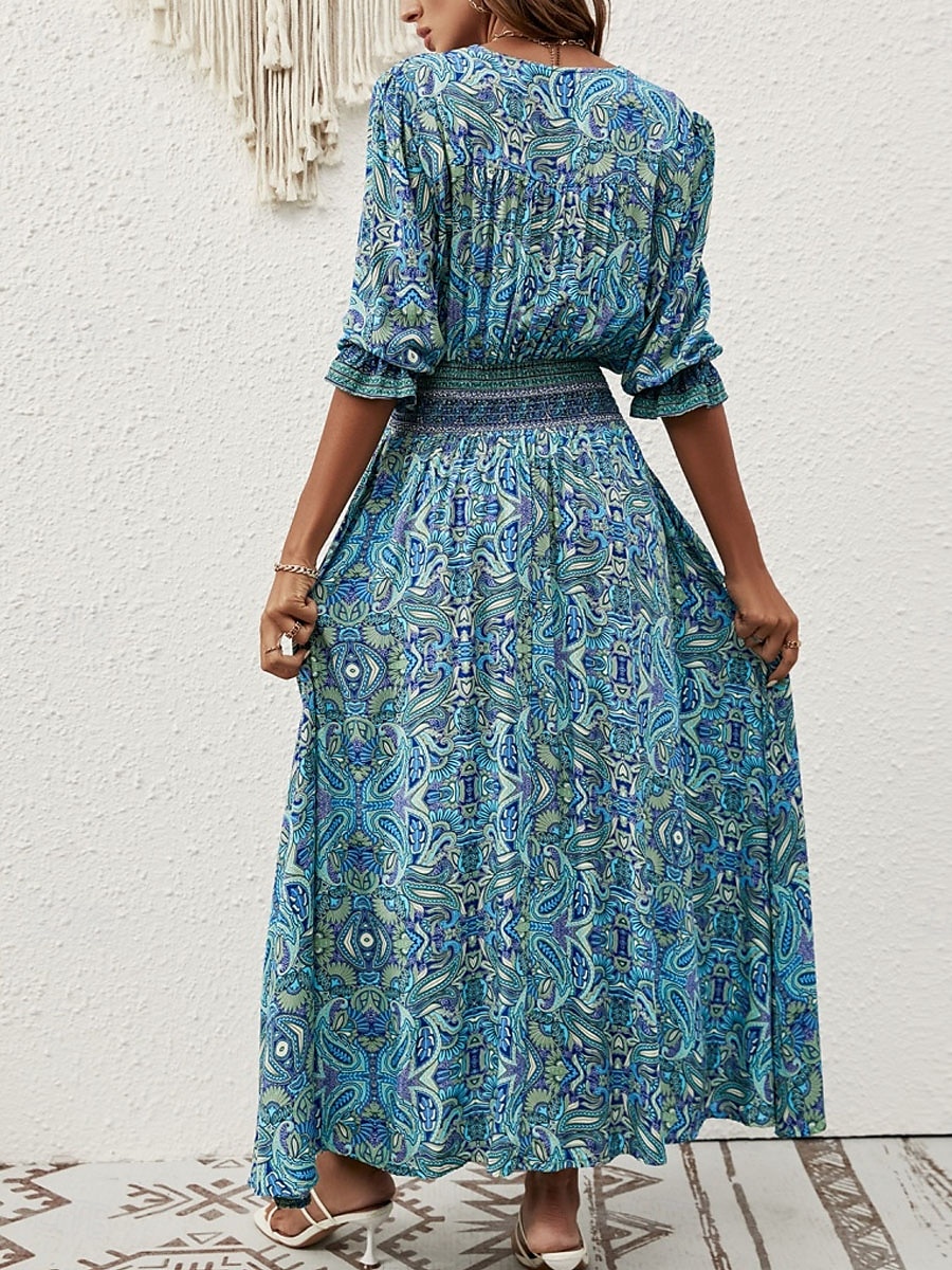 Femme Robe Maxi Robe casual Robe Évasée Robe Trapèze robe boheme Décontractées du quotidien Standard Floral Cachemire Demi Manches Col V Bleu Marron Eté Printemps Automne de 2025 ? $41.99 –P14