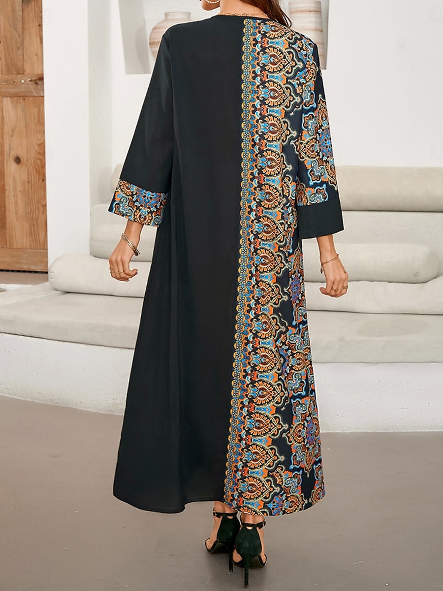 Femme Robe Maxi Robe casual Robe Caftan robe boheme Décontractées du quotidien Standard Géométrique Manches 3/4 Col cranté Noir Printemps Automne de 2025 ? $30.99 –P2
