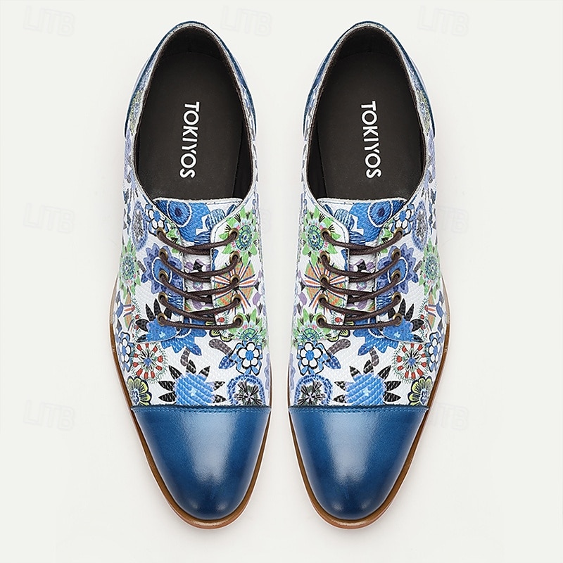 oxfordskor i kohud med blommigt tryck för män – blå och vita skor i vintagestil för bröllop och högtidliga tillfällen 2025 - $99.99 –P2