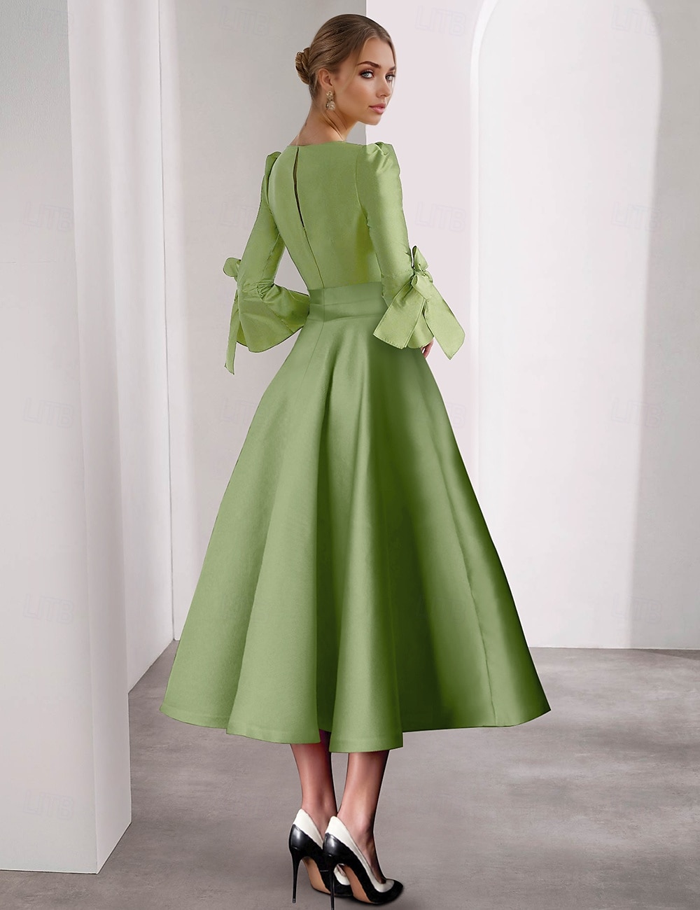 Abiti da cocktail A-Line per matrimonio in spiaggia abito elegante formale lunghezza tè maniche 3/4 scollatura a V in satin con fiocco/i abiti farfalla arricciati del 2025 a $157.99 –P2