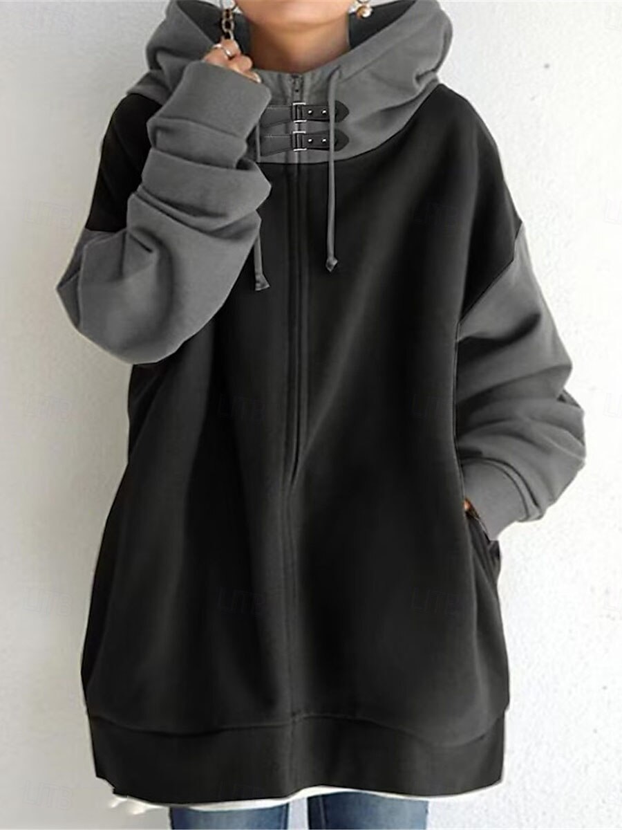 moletom feminino com capuz moletom casual simples rua diário moletom patchwork bolso com zíper manga comprida preto café outono inverno de 2025 por $35.99 –P3