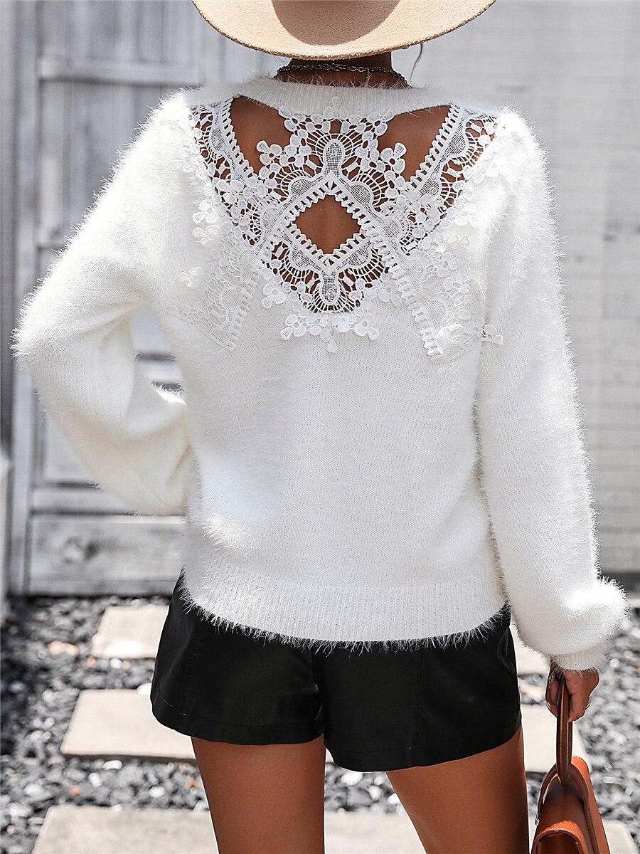 Women's Sweater Casual Soft Pure Color Ribbed Crew Neck Lace Patchwork Knitted Long Sleeve Regular Tops Knit Outdoor Daily Weekend Black White Fall Winter 2025 - $74.99 –P7