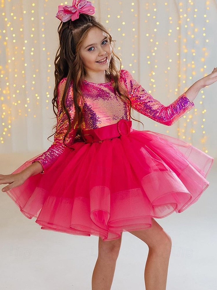 kinderkleidung Mädchen Party Kleid Feste Farbe Langarm Leistung Gitter Prinzessin Süß Gitter Mitte der Wade Etuikleid Tüll-Kleid Sommer Frühling Herbst Kinder Rosenrot 2025 - $80.99 –P5