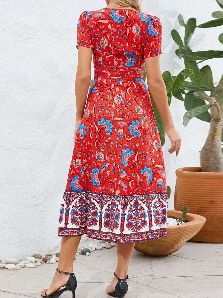 Dame Midikjole Uformell kjole Swingkjole Kjole med A-linje Boho-kjole Bohem Fritid Daglig Normal Blomstret Kortermet V-hals Rød Blå Fuksia Sommer Vår 2025 - $46.99 –P12