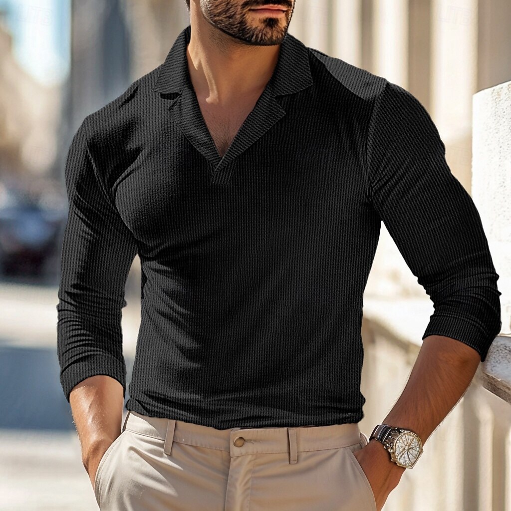 Homme Polos gaufrés Polos Plein Air Entreprise Collier cubain manche longue Mode basique Couleur unie Col en V Automne Hiver Toutes Saisons Standard Noir Blanche Bleu Kaki Grise Polos gaufrés de 2025 ? $22.99 –P7