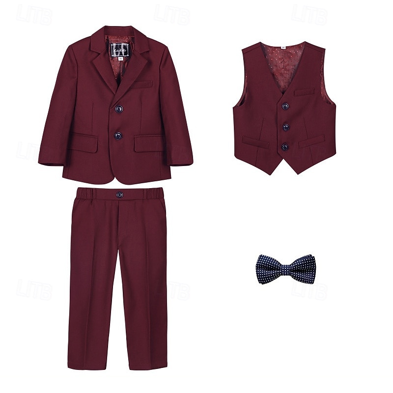 4 delar Ringbärarkostym Pojkar Barn Kostym Formell kostym Kavaj & väst & byxor & slips Formell Fest Alla hjärtans dag Mode Häftig Ensfärgat Ficka Vit Vin Marinblå Polyester 2025 - $56.99 –P16
