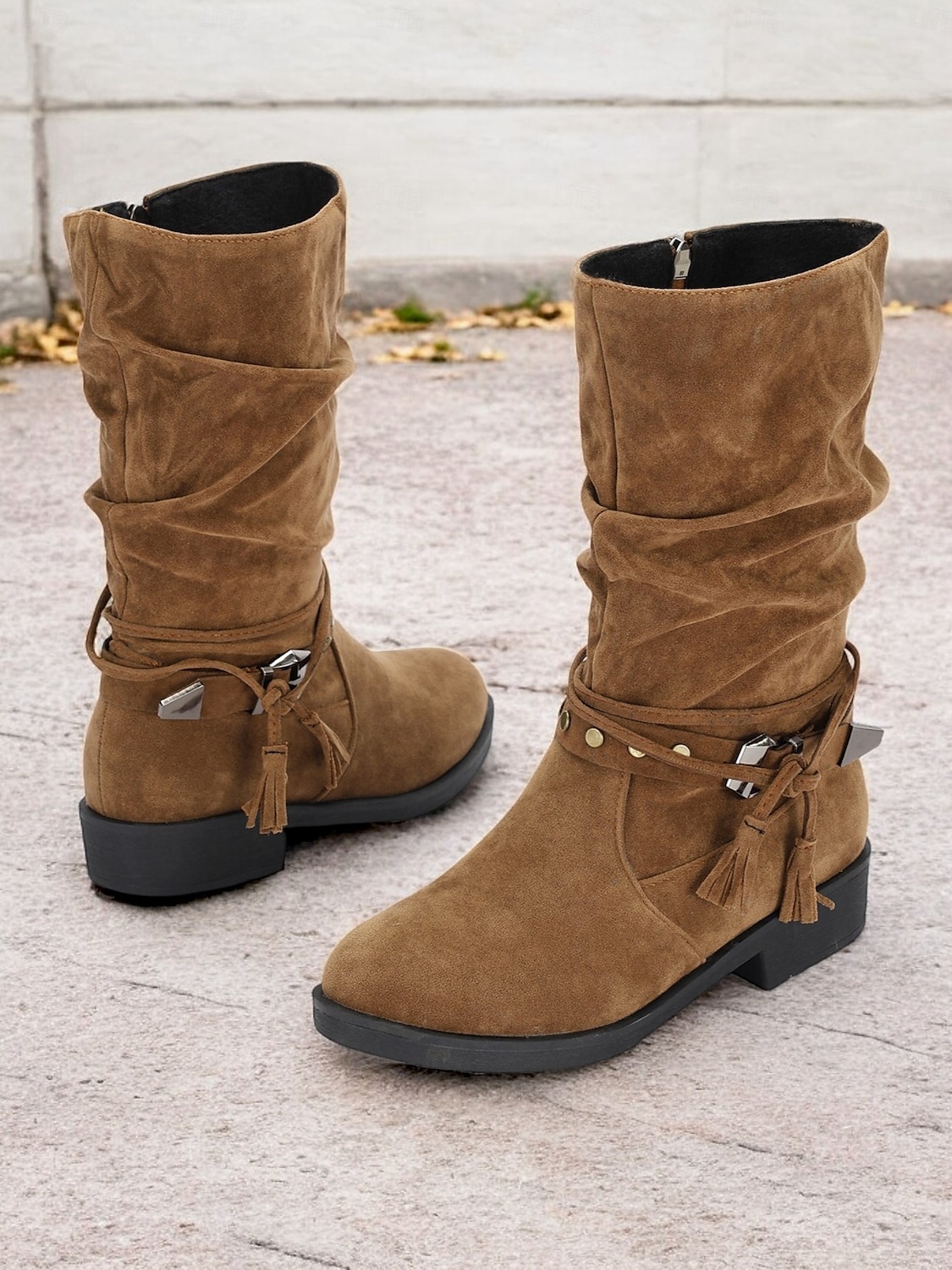 dámské polobotky z umělého semiše do půli lýtek s cvočkovým páskem a detaily se střapcem – ležérní boho styl na podzim a zimu 2025 - $54.99 –P2