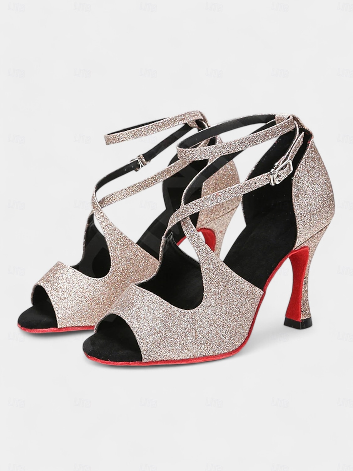 Latein-Tanzschuhe für Damen in Goldglitzer mit überkreuzten Riemen, weicher Wildledersohle und offenem Zehenbereich – High-Heel-Performance-Schuhe für Salsa, Tango und Gesellschaftstanz 2025 - $46.99 –P5