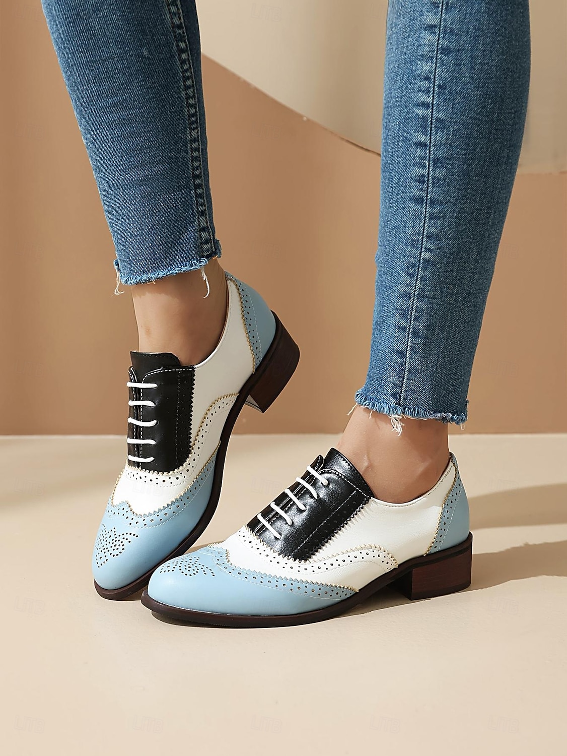 női háromszínű brogue oxford cipő szárnyvéggel és alacsony sarkú - vintage formális lábbeli irodába és különleges alkalmakra 2025 - $46.99 –P8